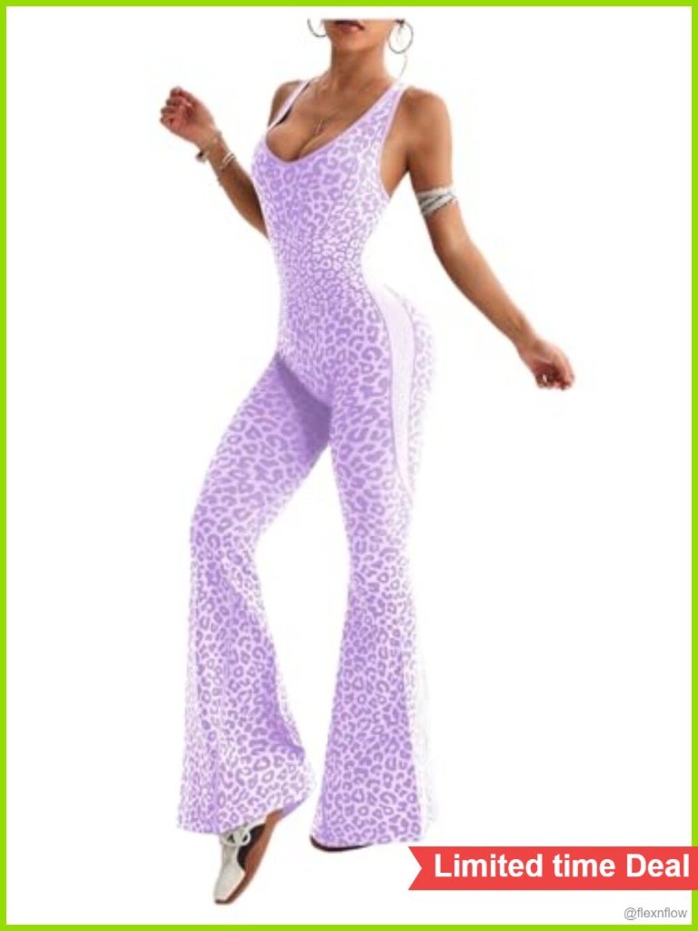 Sleeveless Leopard Print Flare Yoga Jumpsuit Scoop Neck Criss Cross Backless